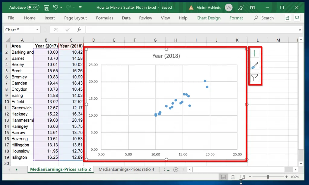 How to Add Labels to Scatter Plot in Excel - click scatter chart to display chart display options
