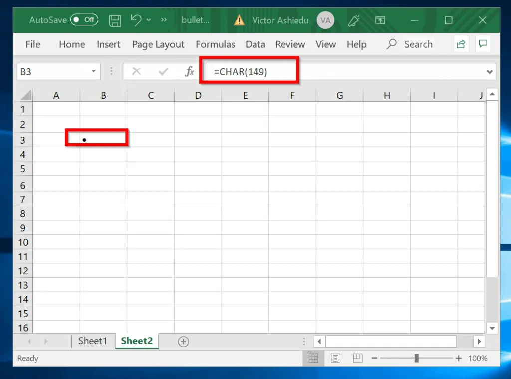 Method 4: Insert Bullet Points in Excel Using Excel Formula - CHAR function