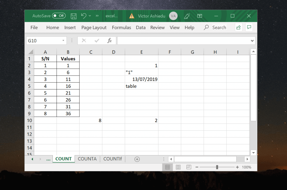 Excel Worksheet Count Formula