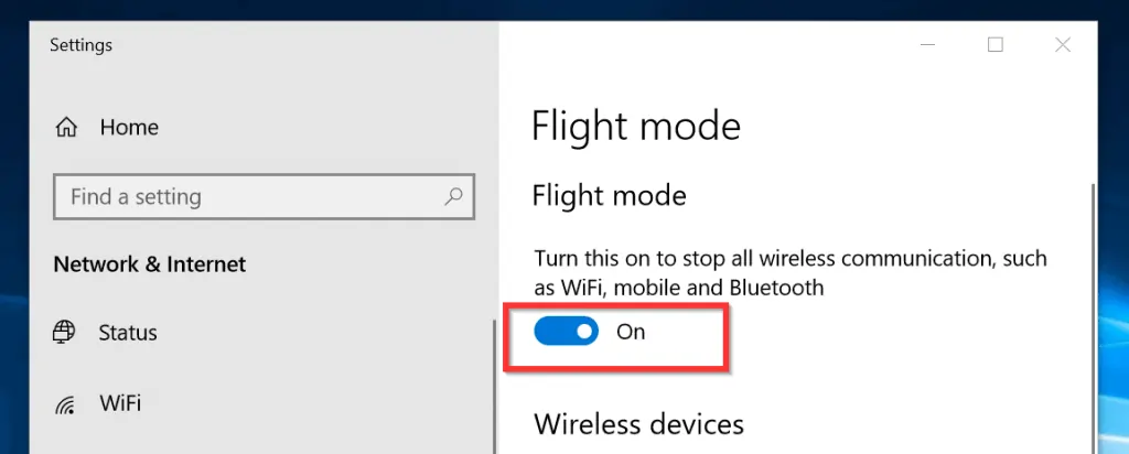 How to Fix Mobile Hotspot Greyed Out on Windows 10 - turn fligh mode off