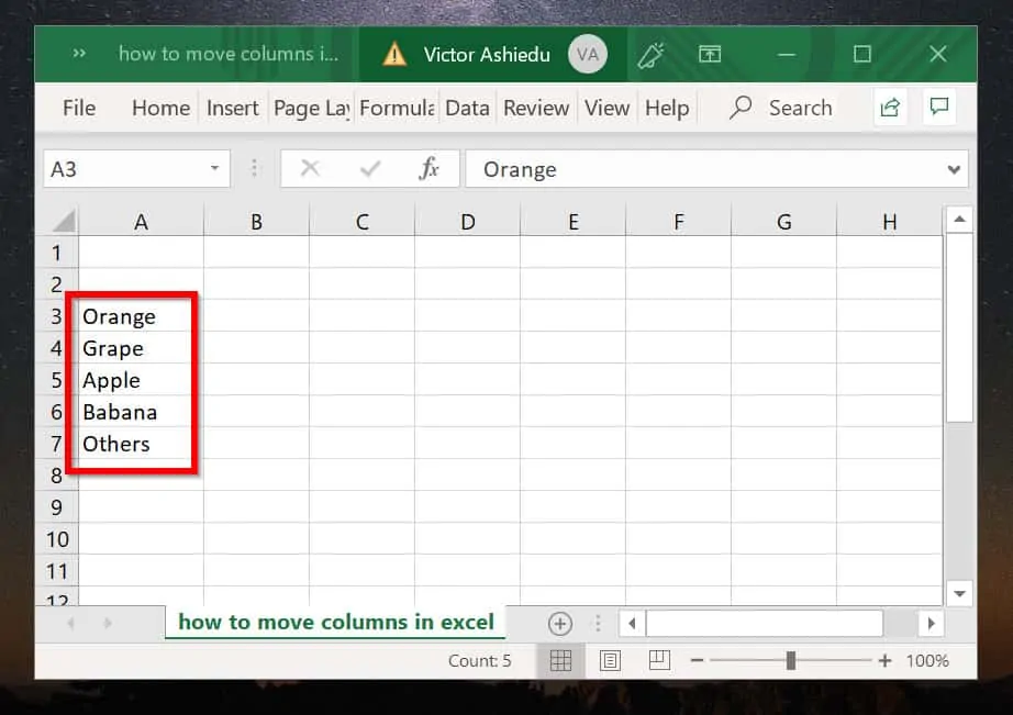 how to move columns in excel example 1