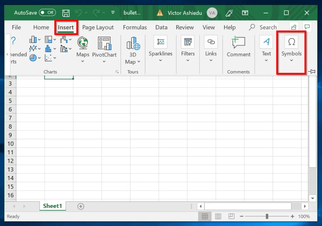 bullet points in excel from the Symbol menu