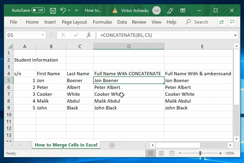 How to Merge Cells in Excel with CONCATENATE