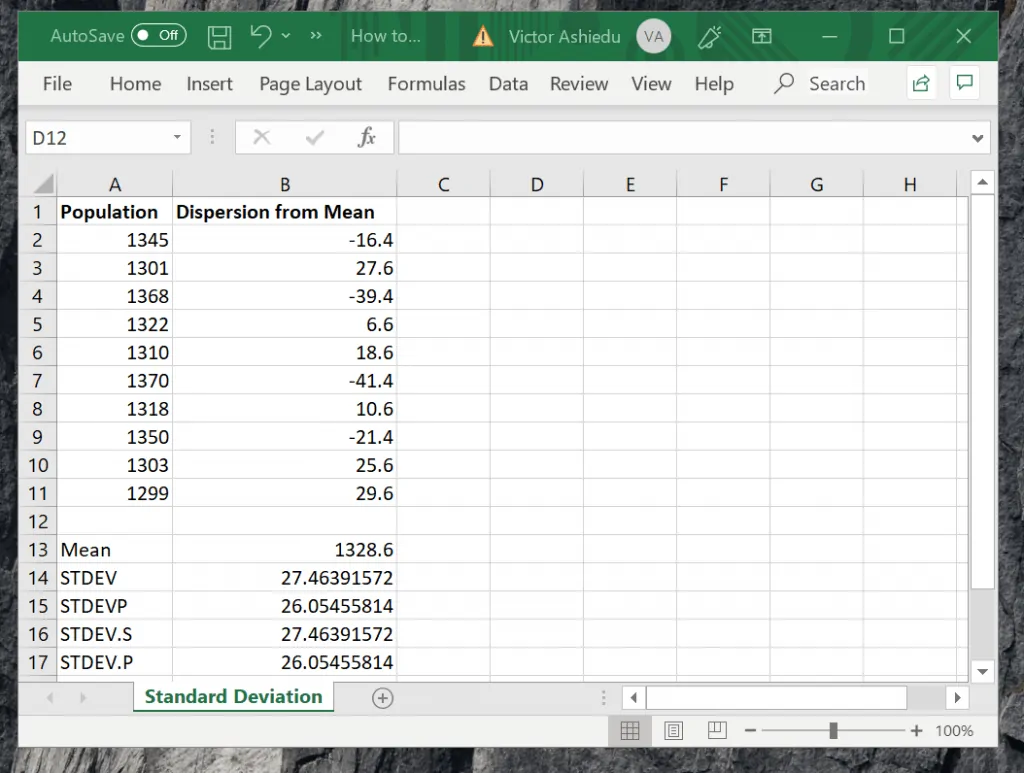 How to Calculate Sample Standard Deviation in Excel with STDEV Function