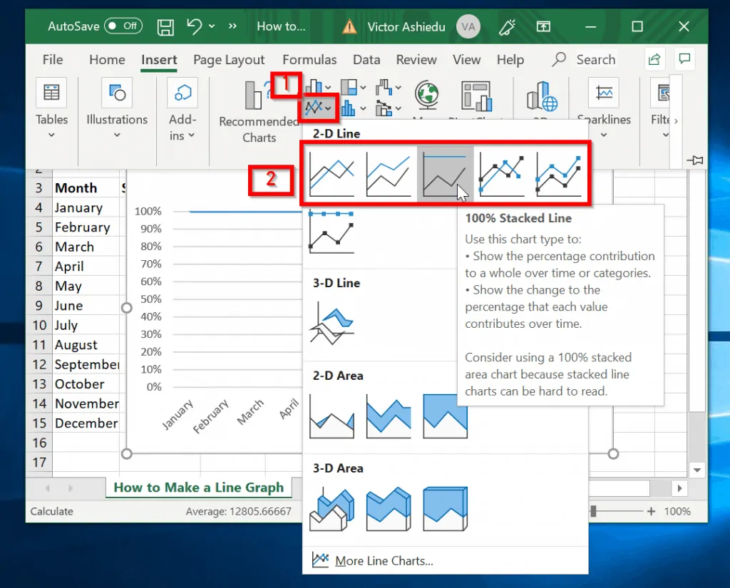 How to Make a Line Graph in Excel  - select Recommended chat type