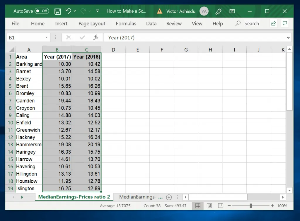 How to Make a Scatter Plot in Excel with Two Sets of Data - select the data sets