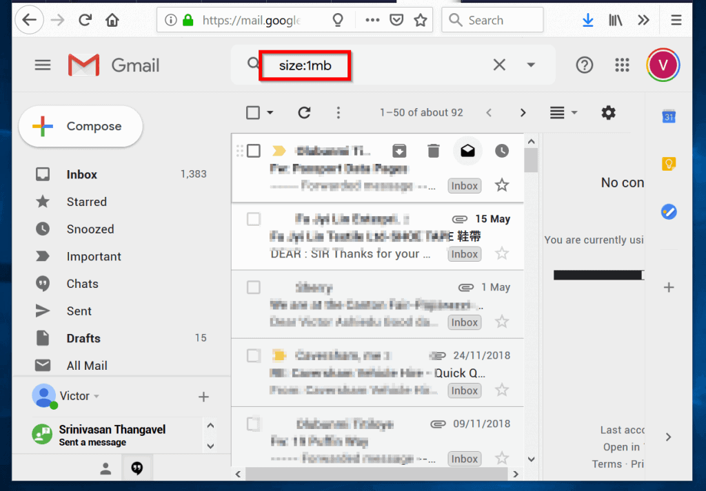 sort gmail by size - search using size operator