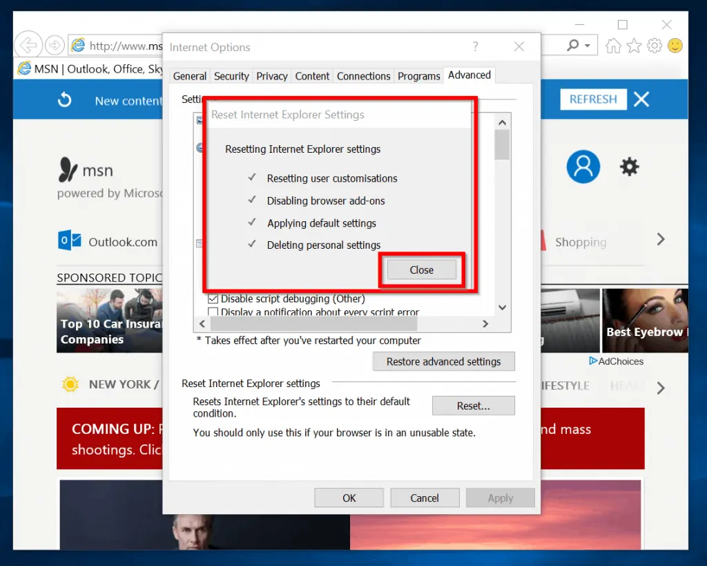 Method 1 Fix for "Internet Explorer Has Stopped Working" - Internet Explorer reset