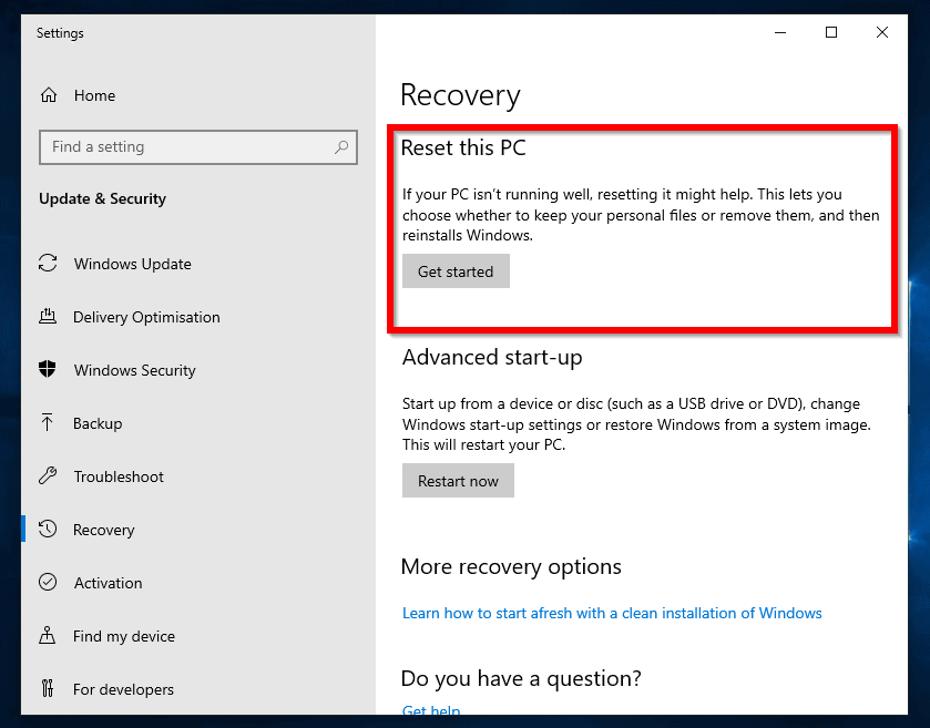 How to Reset Windows 10 from with Windows 10 - Recovery settings