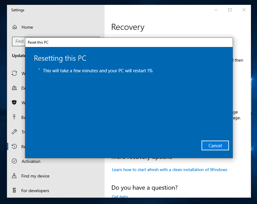 windows 10 resetting pc stuck at 54