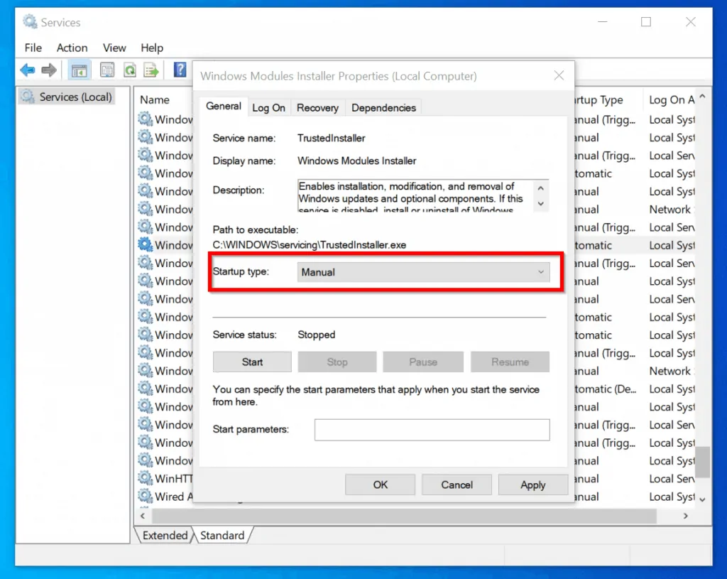 Windows Modules Installer - change startup type to manual