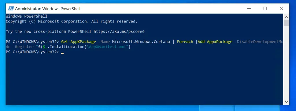 Windows 10 search not working problem - reinstall Cortana with Powershell