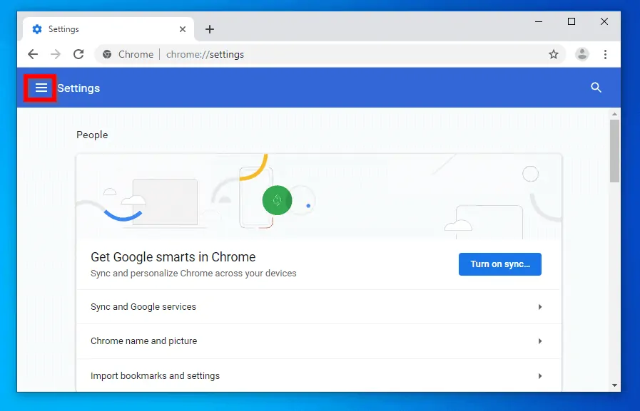 When Chrome Settings open, click the 3 lines beside Setting.