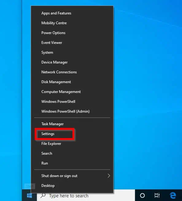 Right-click Windows 10 menu and click Settings