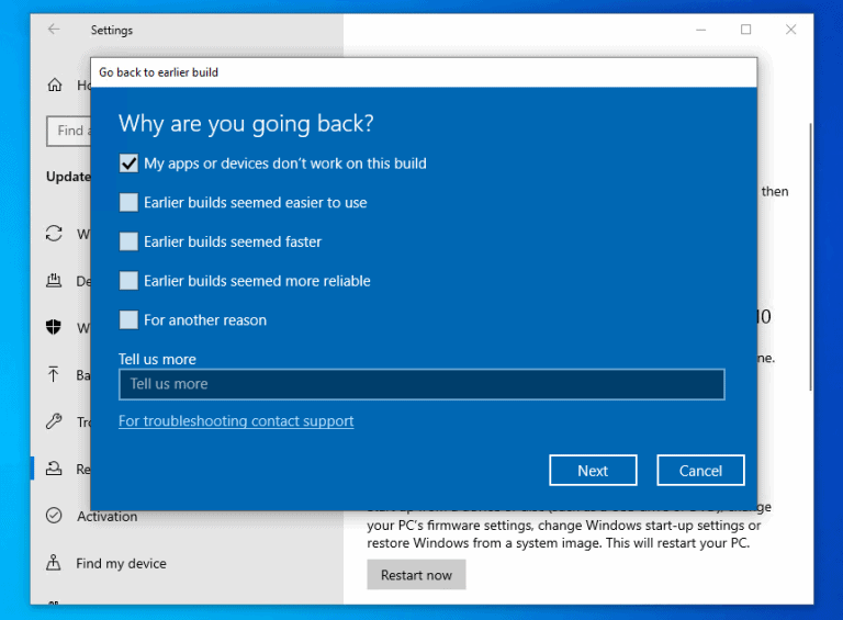 how to back update windows 10