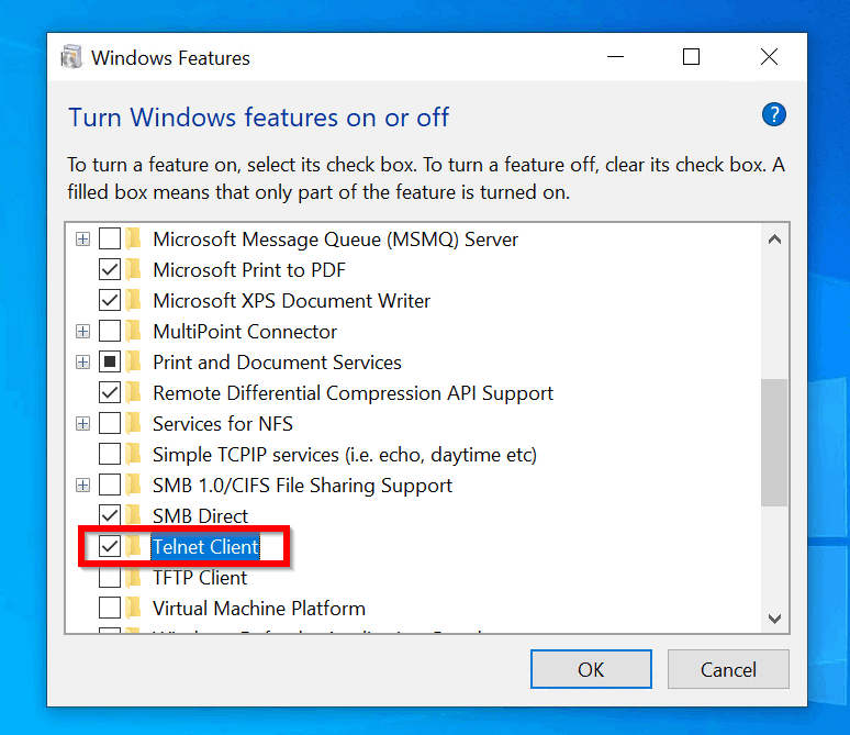 enable telnet Windows 10