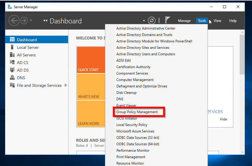 From Server Manager, click Tools. Then select Group Policy 