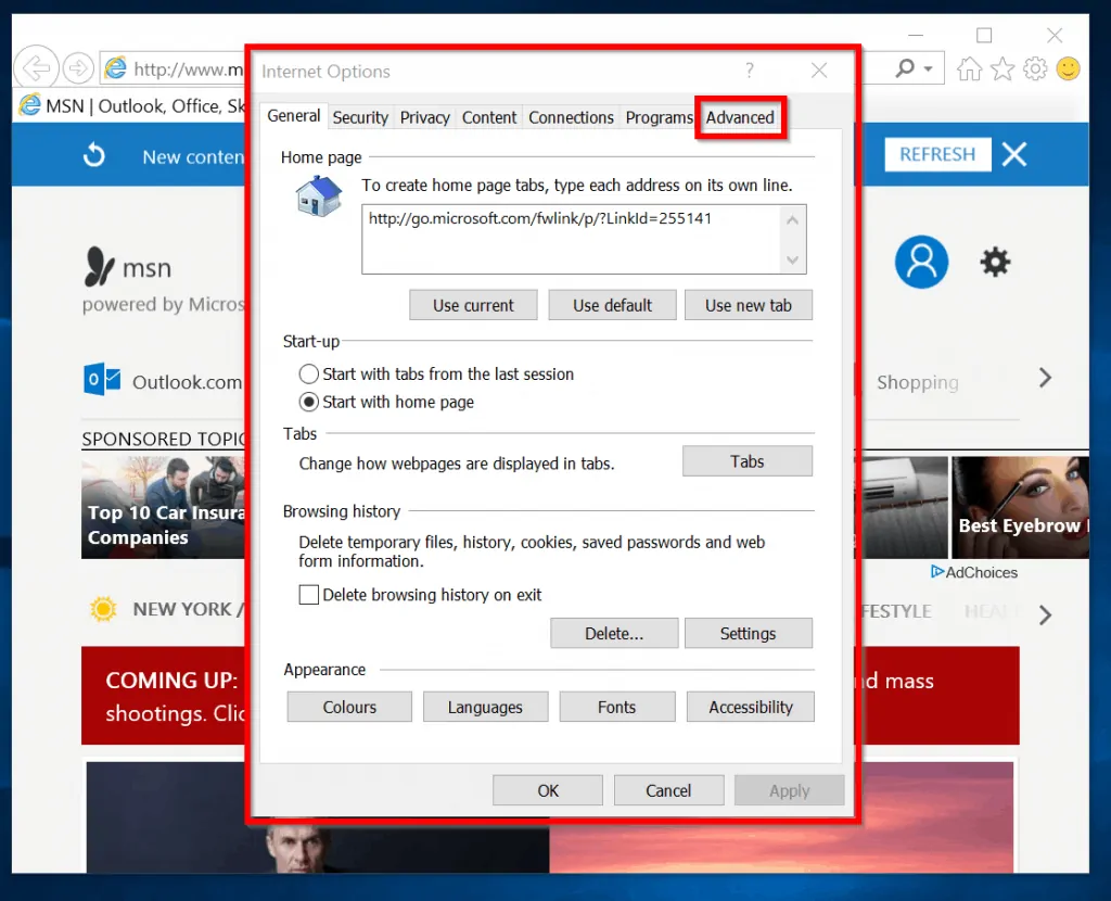 Method 1 Fix for "Internet Explorer Has Stopped Working" - Internet Options