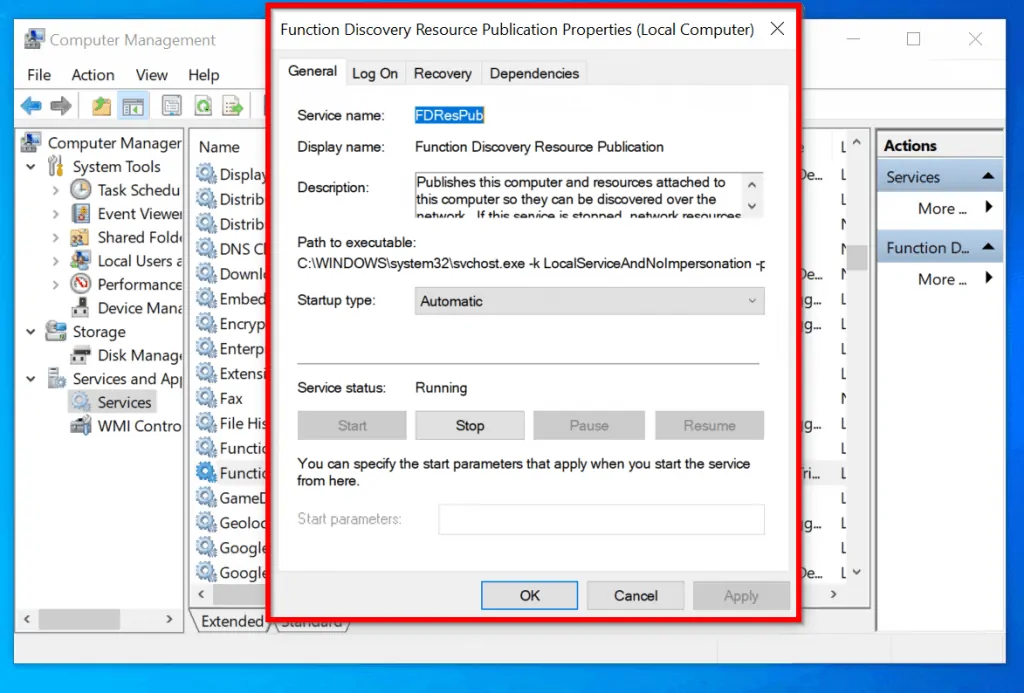 windows 10 network discovery - modify "Function Discovery Resource Publication" Service