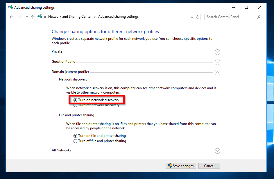 network discovery keeps turning off server 2016 - turn on network discovery