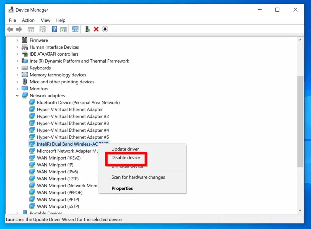 Fix for Wifi not working on Windows 10 1903: Disable and re-enable Wifi Adapter 