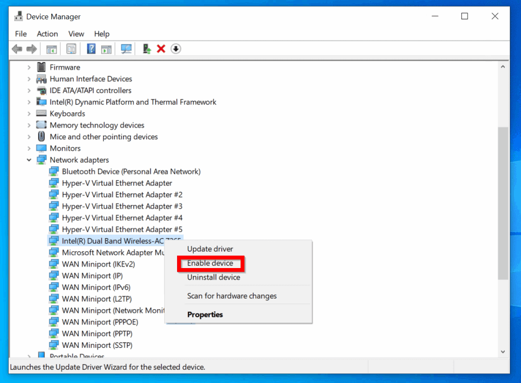Fix for Wifi not working on Windows 10 1903: Disable and re-enable Wifi Adapter