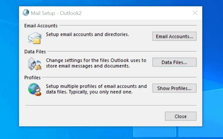 Options to Create New Outlook Profile