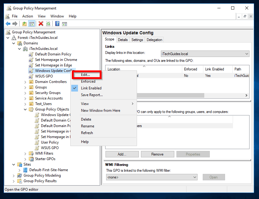Configure Group Policy Object for Windows Updates Server 2016
