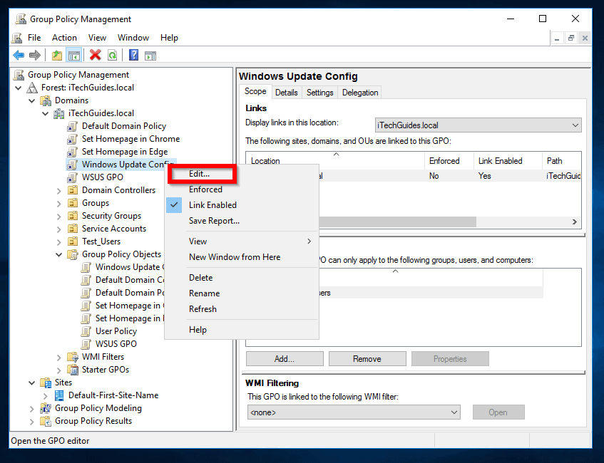 Configure Group Policy Object for Windows Updates Server 2016 