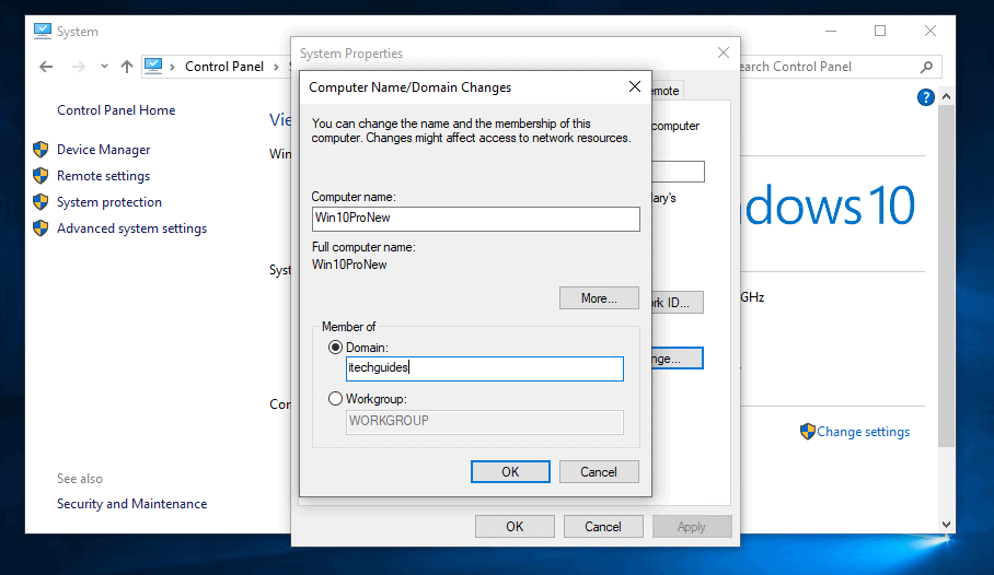 Join Windows 10 to Domain from System Properties