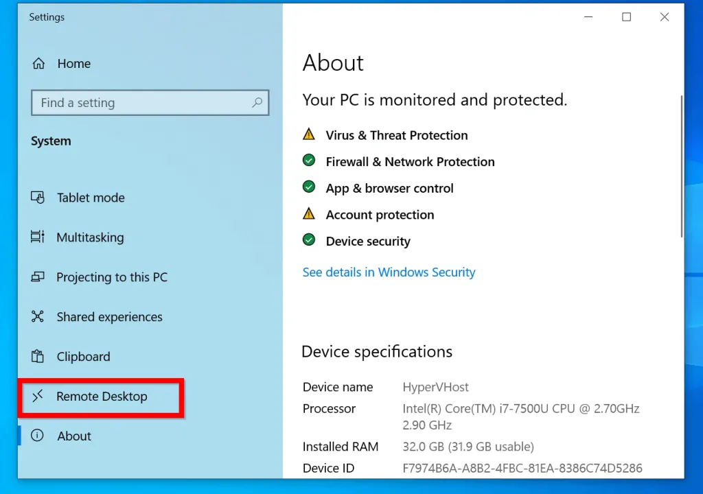 Enable Remote Desktop in Windows 10 from Windows 10 Settings