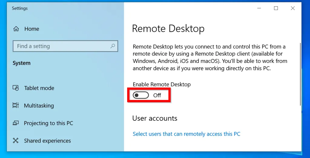 Enable Remote Desktop in Windows 10 from Windows 10 Settings