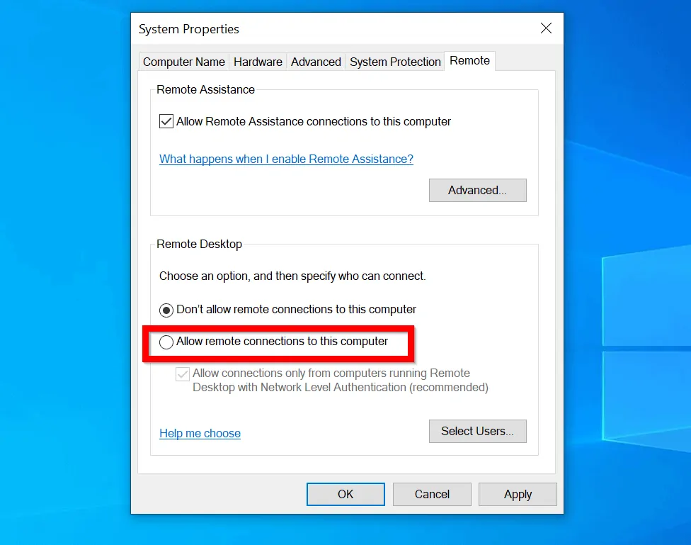 Enable Remote Desktop in Windows 10 from Control Panel Systems Properties