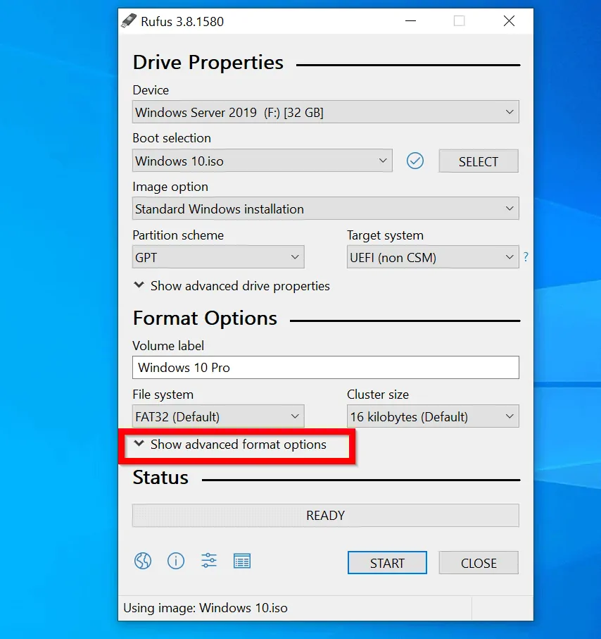 Burn Windows 10 ISO to USB with Rufus