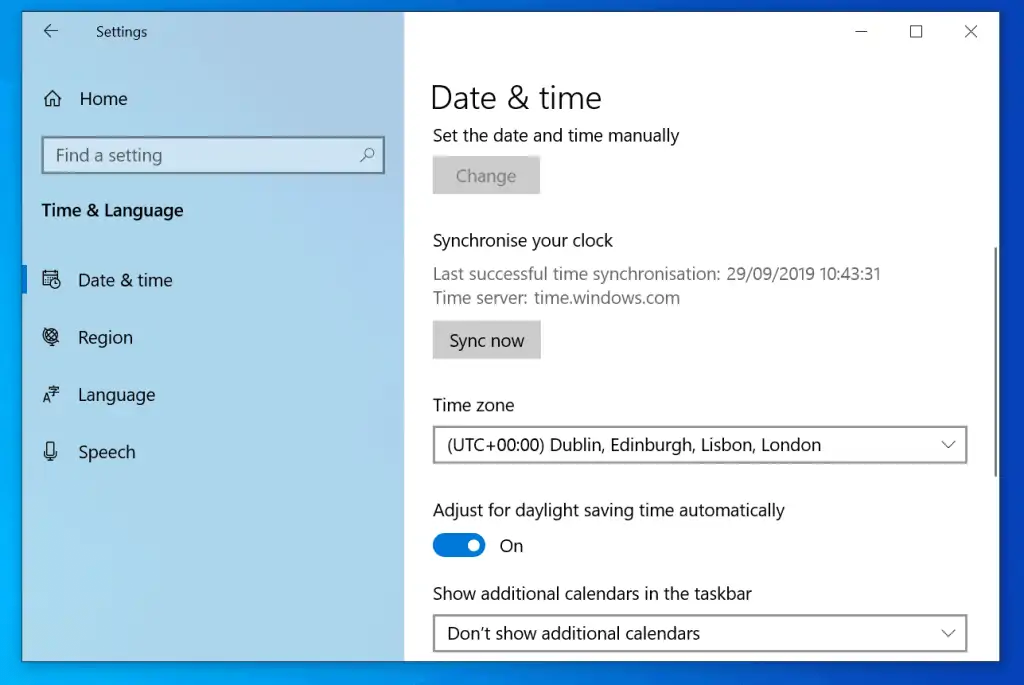 Change Time Zone in Windows 10 from Change Date & Time Settings 