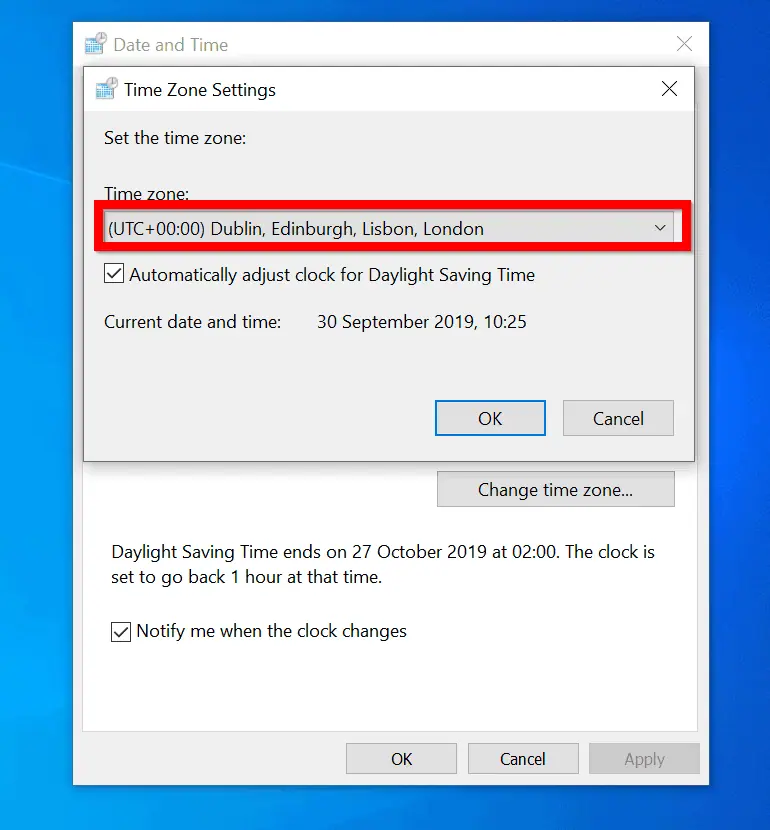 Change Time Zone in Windows 10 from Control Panel