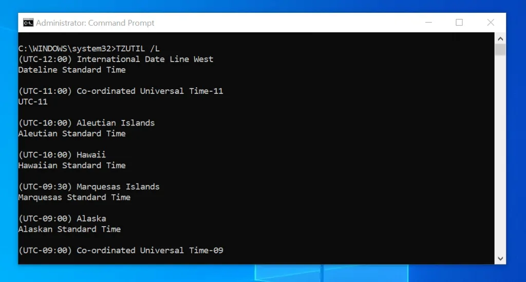 Change Time Zone in Windows 10 with Command Prompt