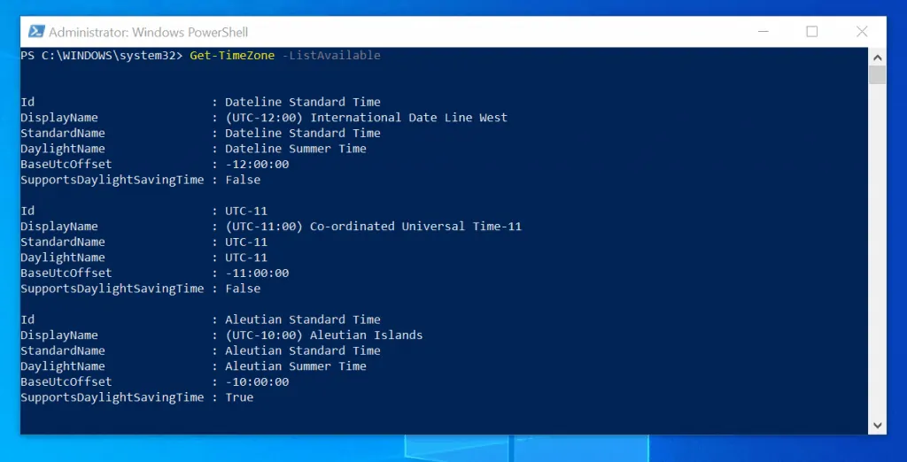 Change Time Zone in Windows 10 with PowerShell