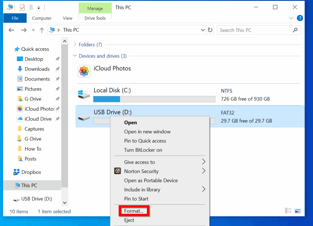 how to format usb drive windows 10 install