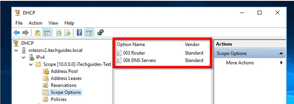 Setup DHCP Server 2016 Scope Options