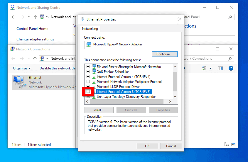 Disable IPv6 in Windows 10 from Network Settings