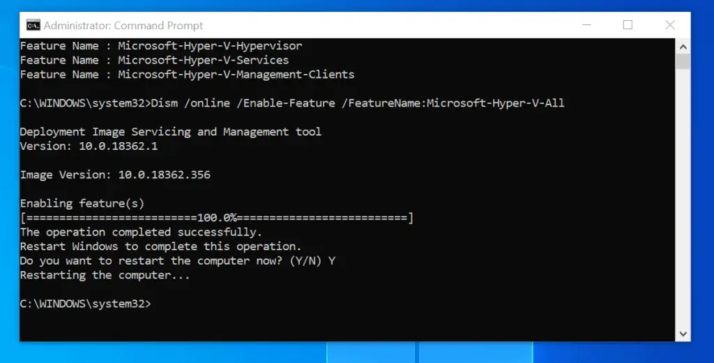 Enable Hyper-V in Windows 10 with DISM /Enable-Feature Command