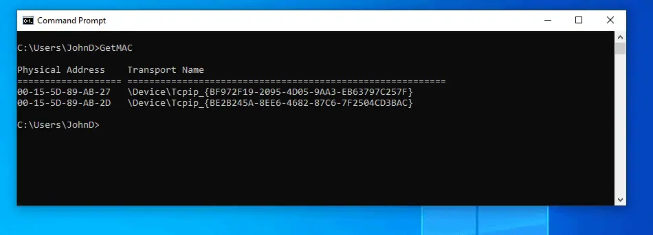 Find MAC Address with Command Prompt (GetMAC)