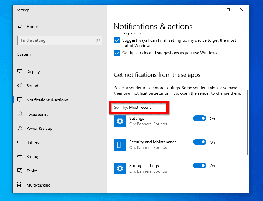 windows 10 1909 features - "Notifications & actions" Settings Sorting Defaults to Most Recent