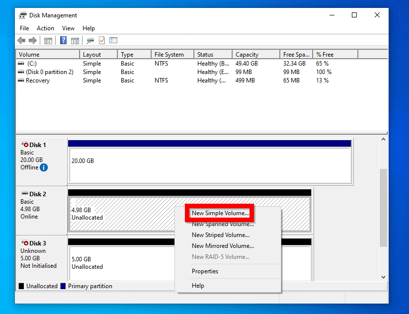 Format New Hard Drive in Windows 10 from Disk Management