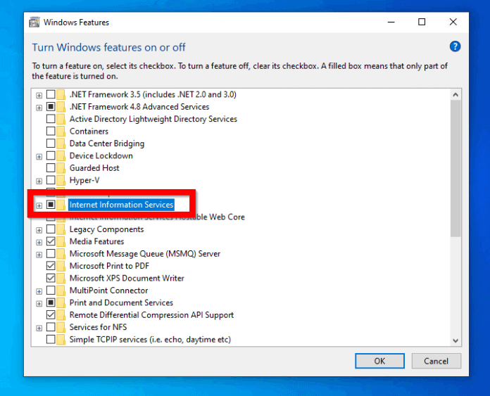 install iis and asp.net modules on windows 10