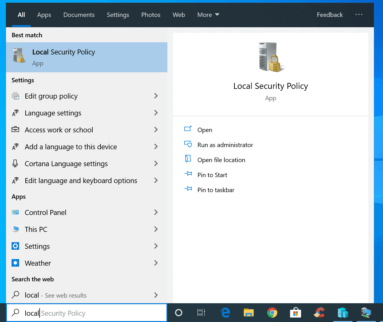 local security policy windows 10 shortcut