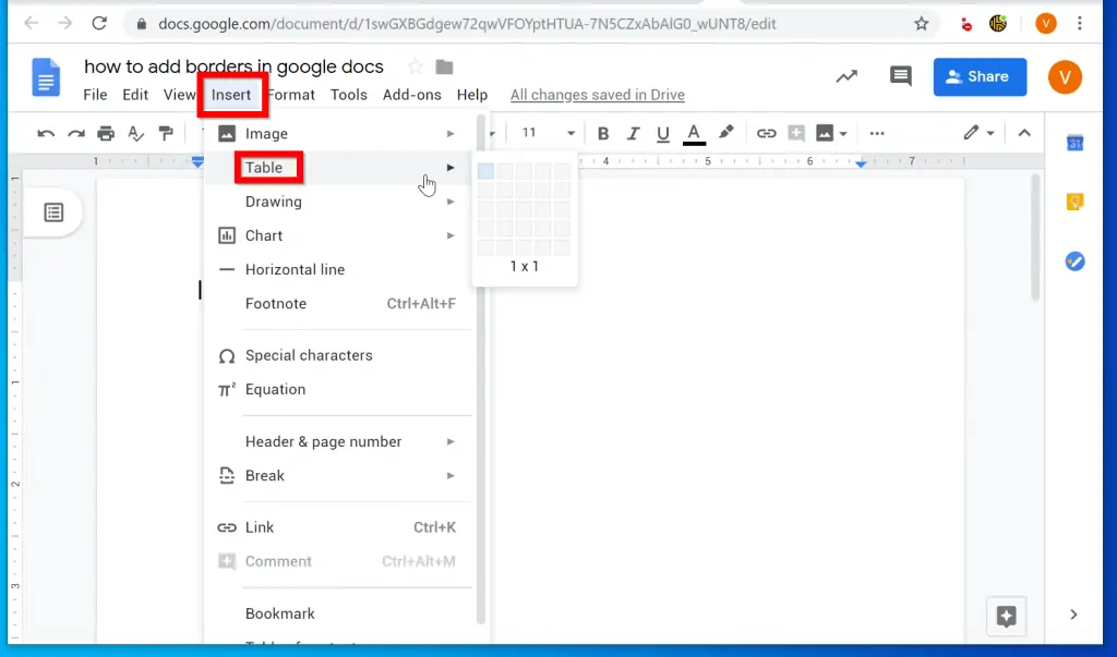 How to Add Borders in Google Docs by Adding a 1x1 Table