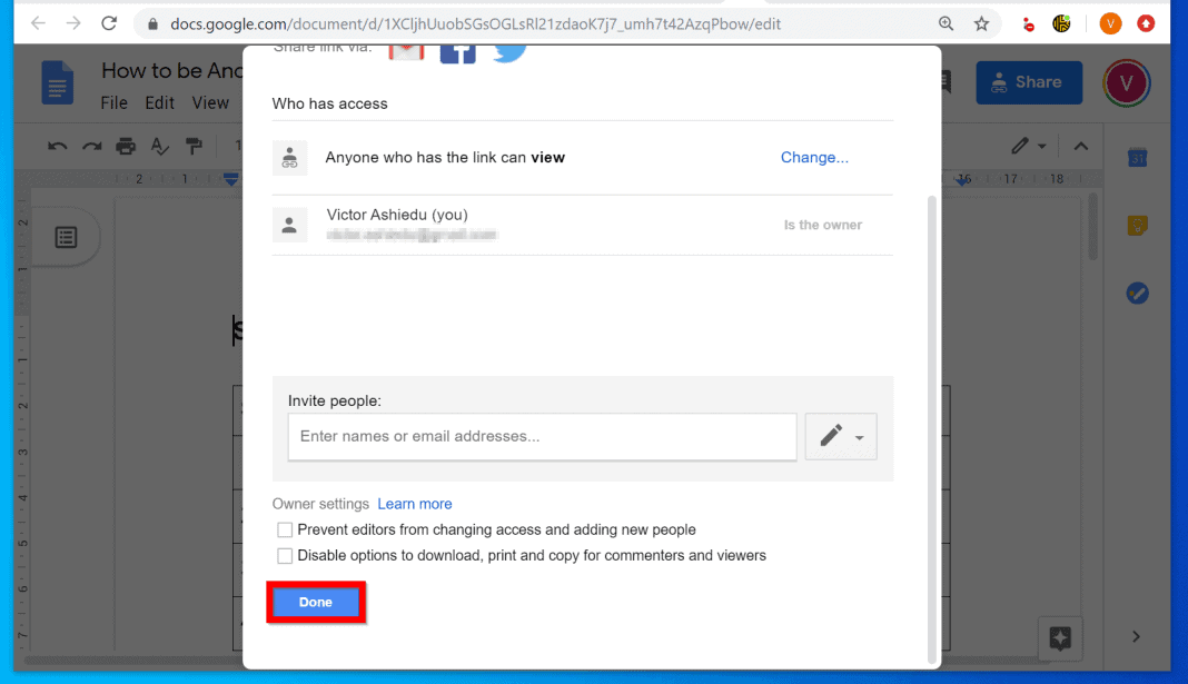 How do I make myself Anonymous on Google Docs?