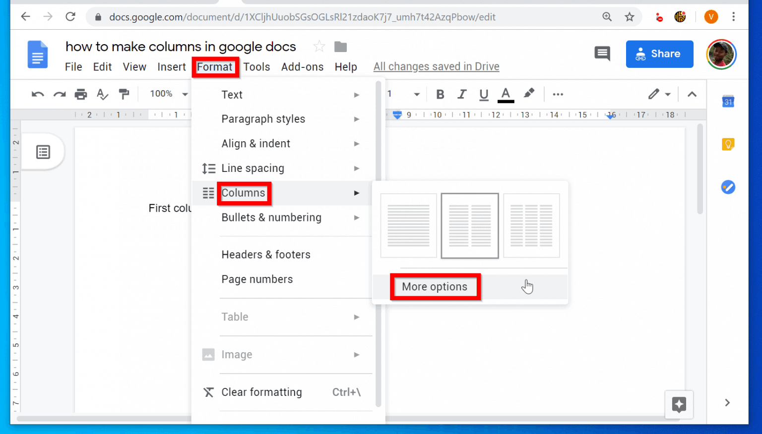 How to Make Columns in Google Docs from a PC